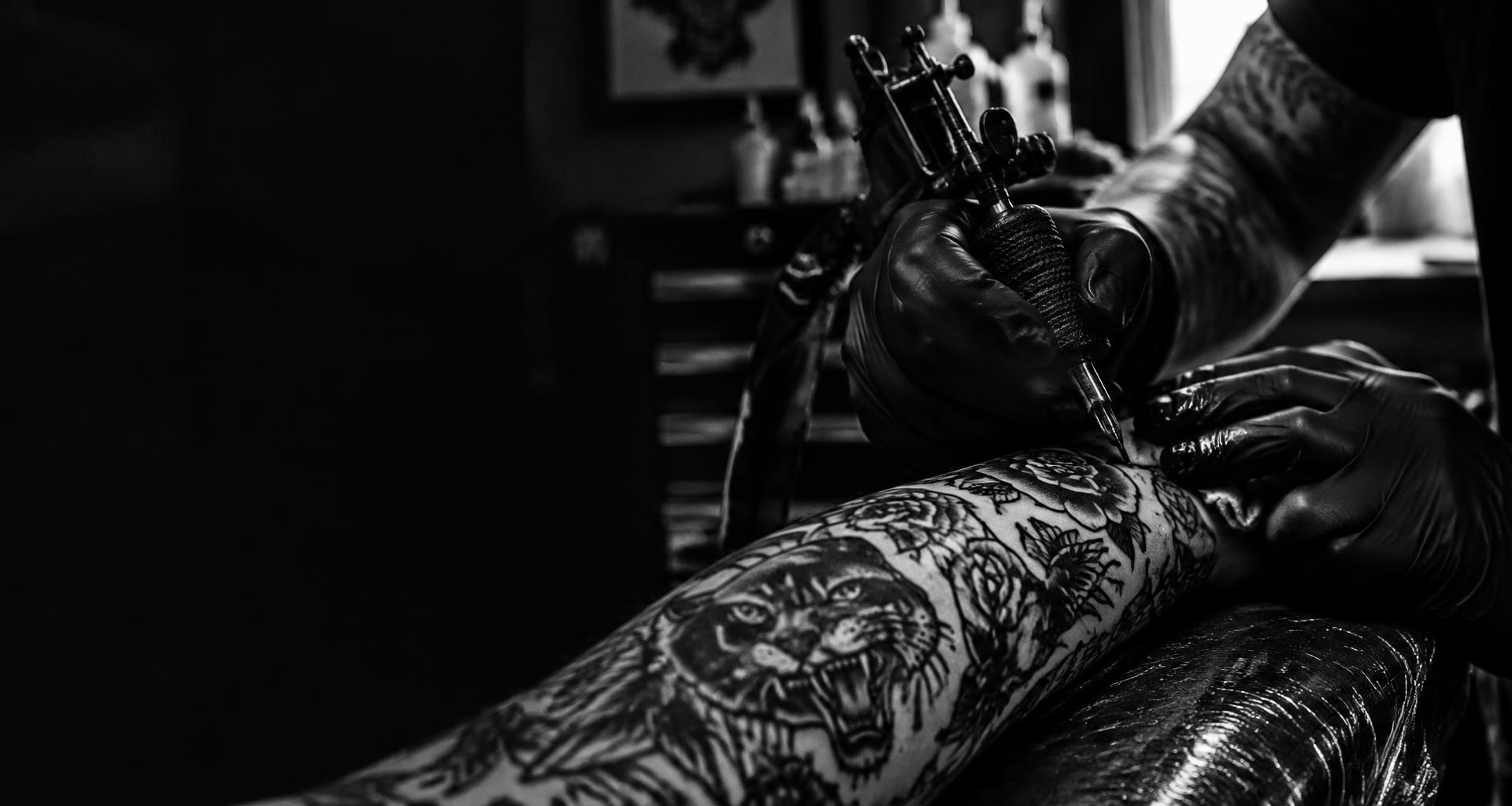 Maestro tatuador trabajando un diseño de tinta negra